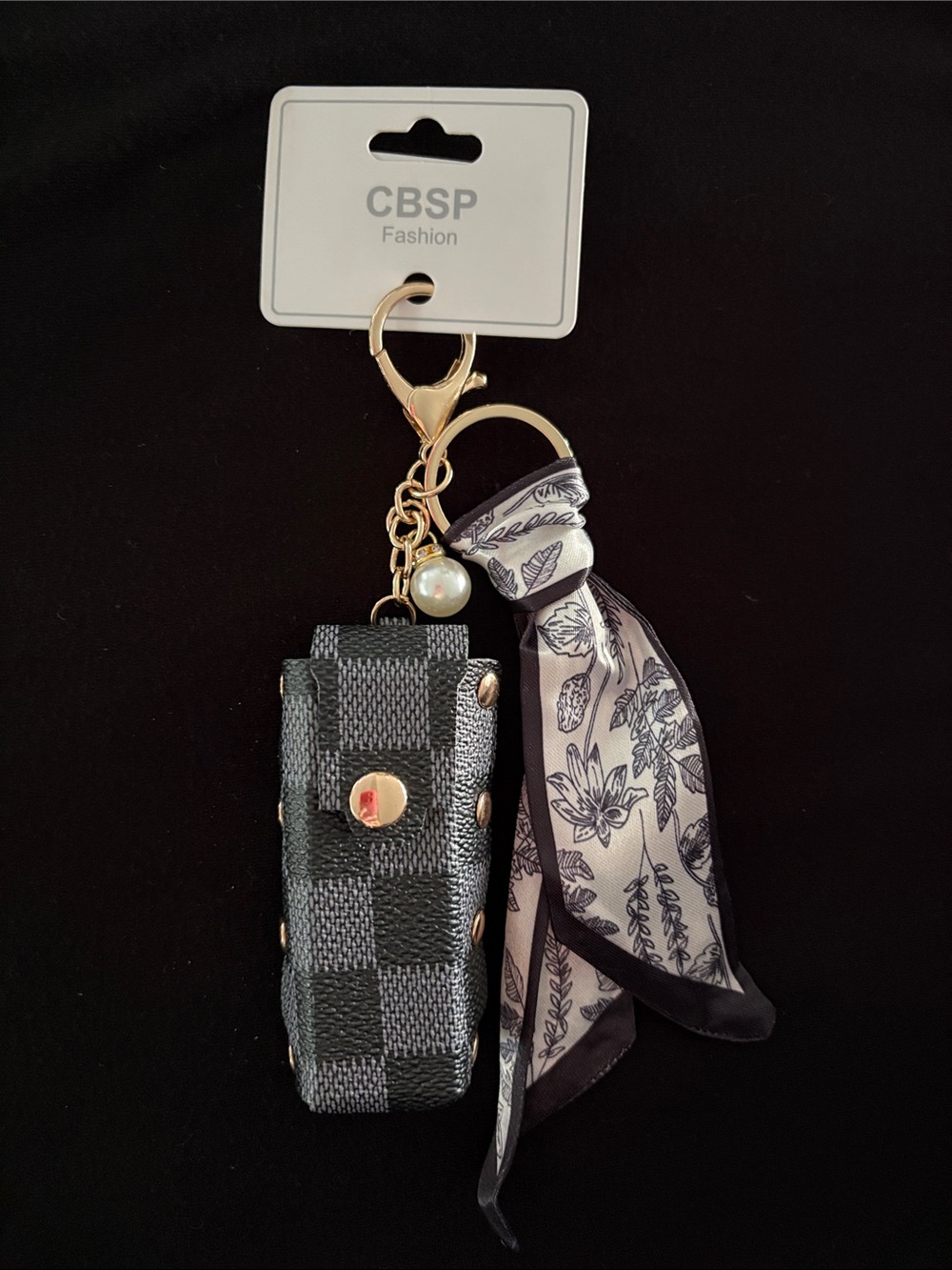 Black Checkered Fashion Lipstick Holder Keychain Bag Charm with Floral Scarf